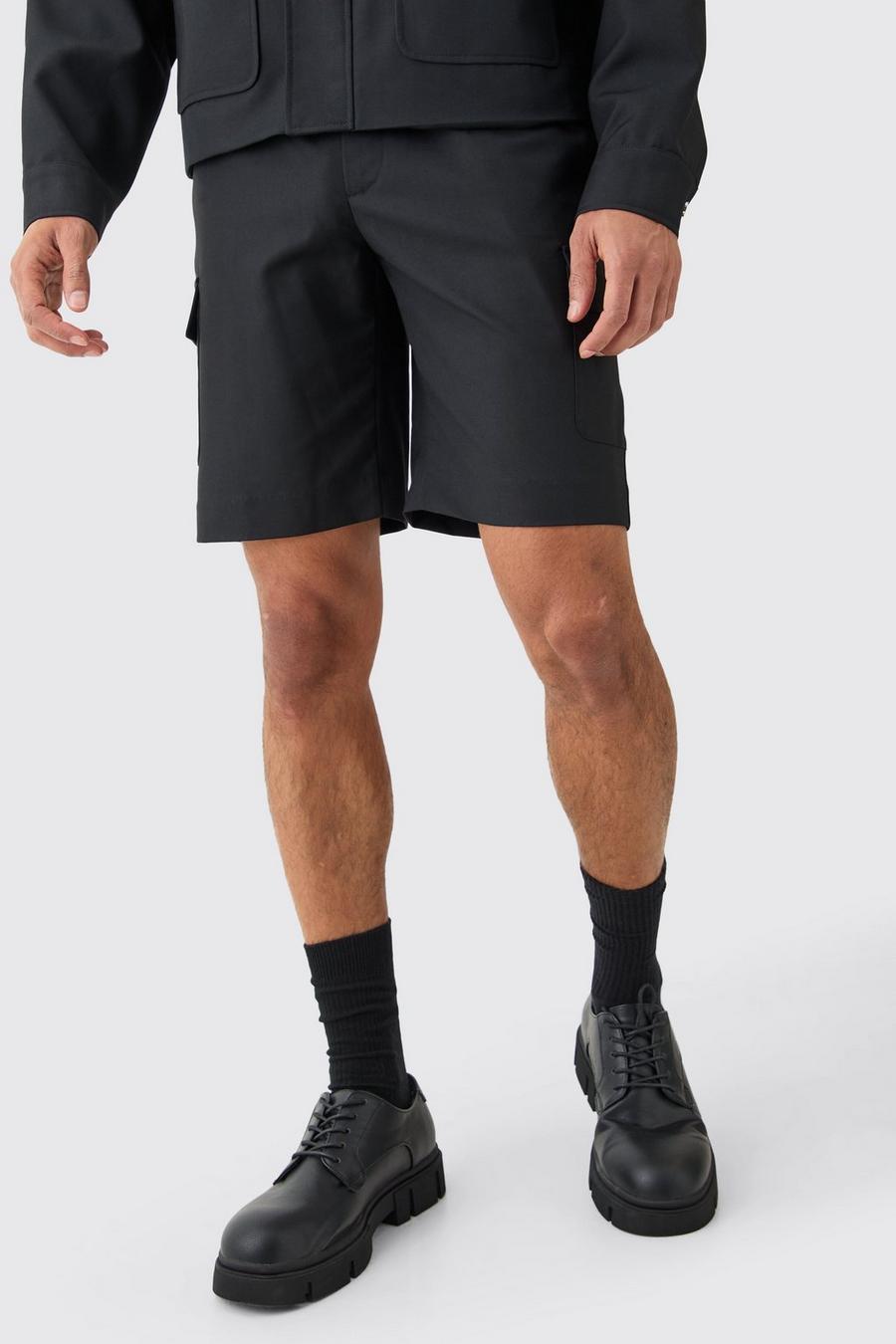 Black Relaxed Fit Tailored Cargo Shorts image number 1