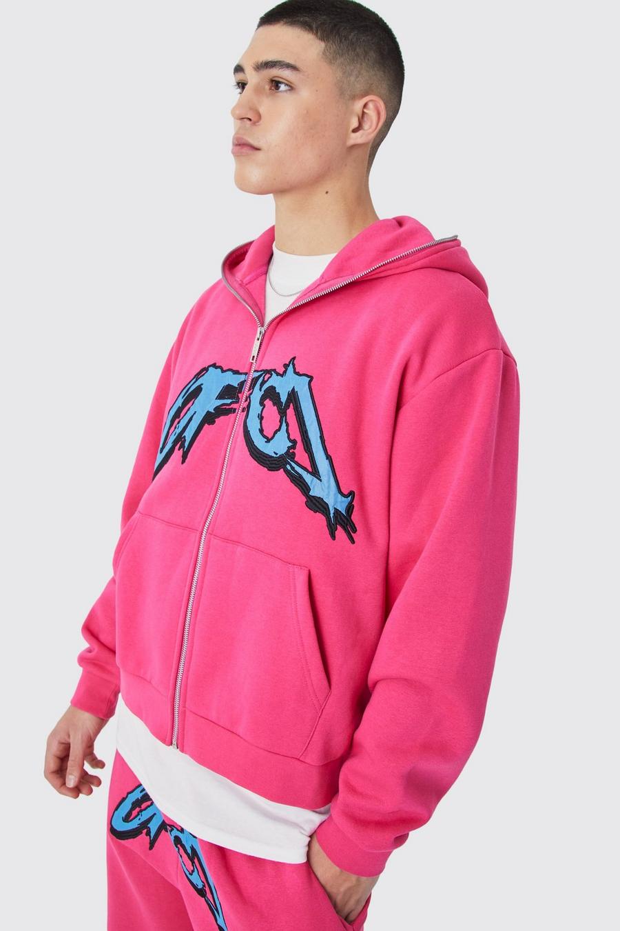 Pink Oversized Boxy Satin Ofcl Zip Through Hoodie image number 1