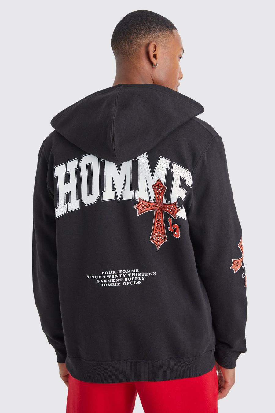 Hoodie mit Homme-Print und Reißverschluss, Black