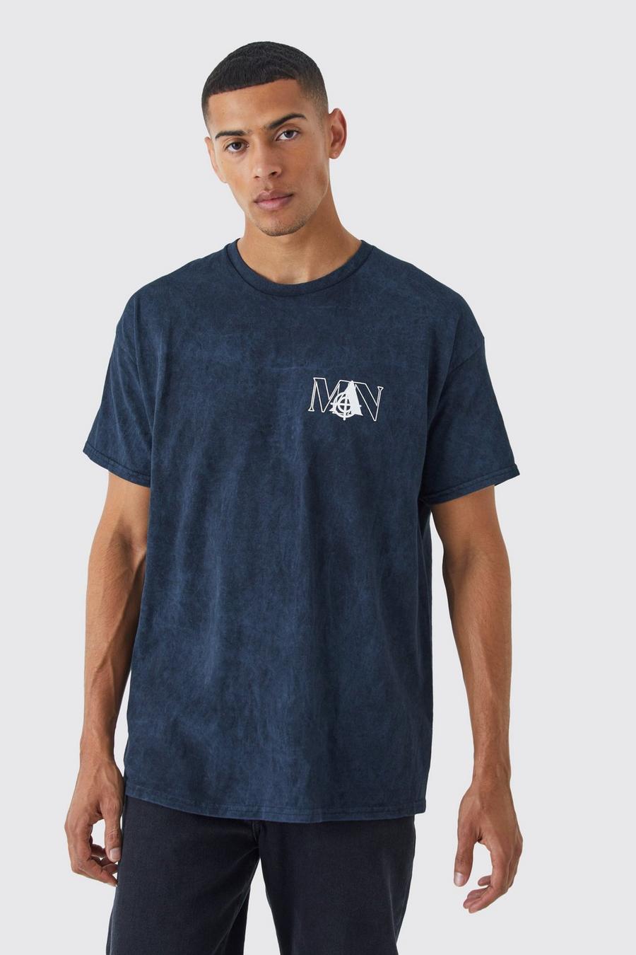 Camiseta oversize MAN con lavado de ácido y estampado gráfico, Black image number 1