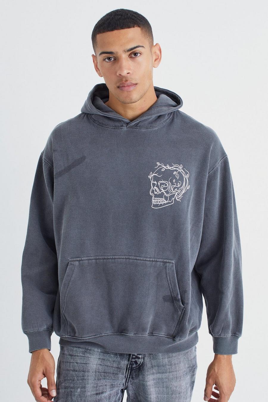 Charcoal grey Oversized Overdye Stencil Graphic Hoodie 
