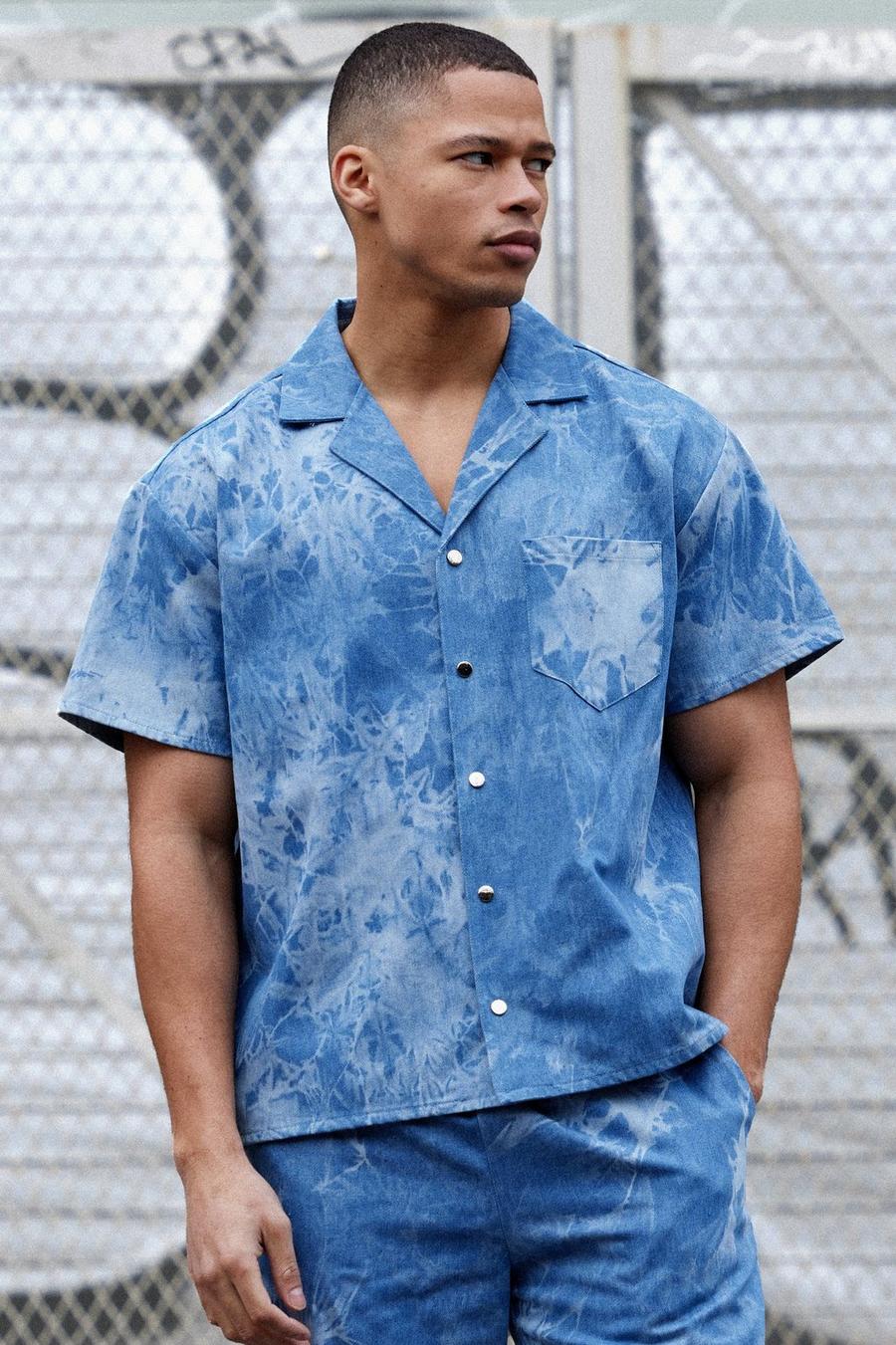 Camisa vaquera recta con estampado de tela, Light blue image number 1