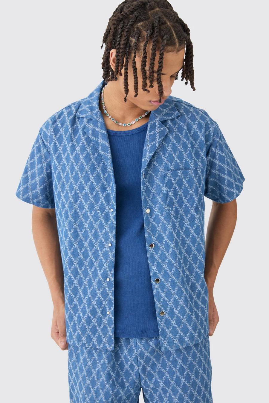 Camisa vaquera recta con estampado de tela, Light blue