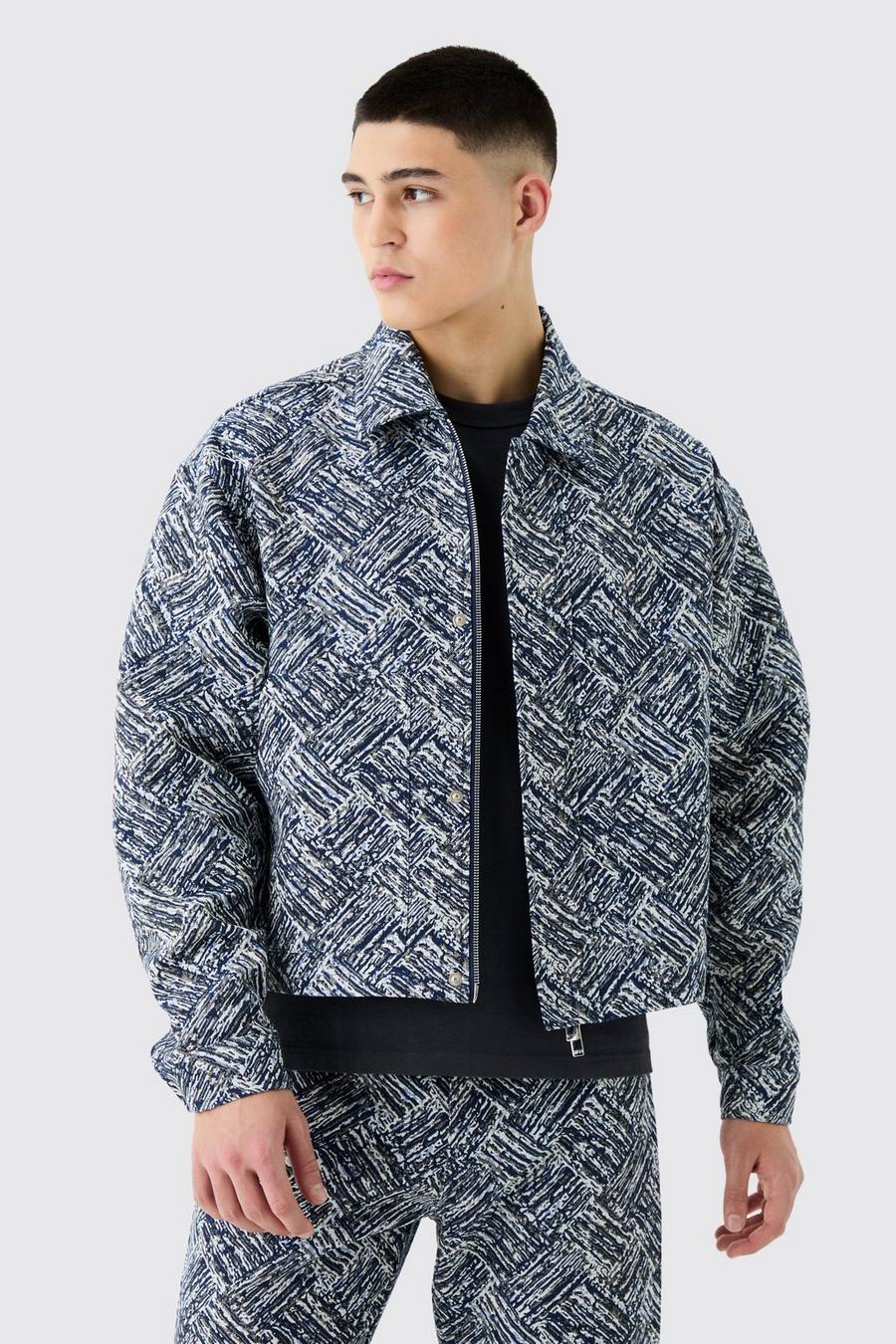 Blue Boxy Fit Fabric Interest Tapestry Jacket