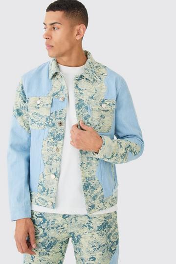 Spliced Fabric Interest Distressed Denim Jacket antique blue