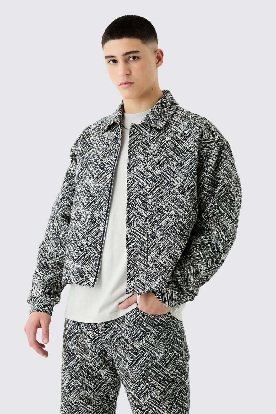 Black Boxy Fit Fabric Interest Tapestry Jacket image number 1