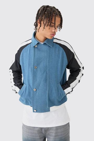 Blue Denim And Nylon Hybrid Layered Boxy Jacket With Tape Detail