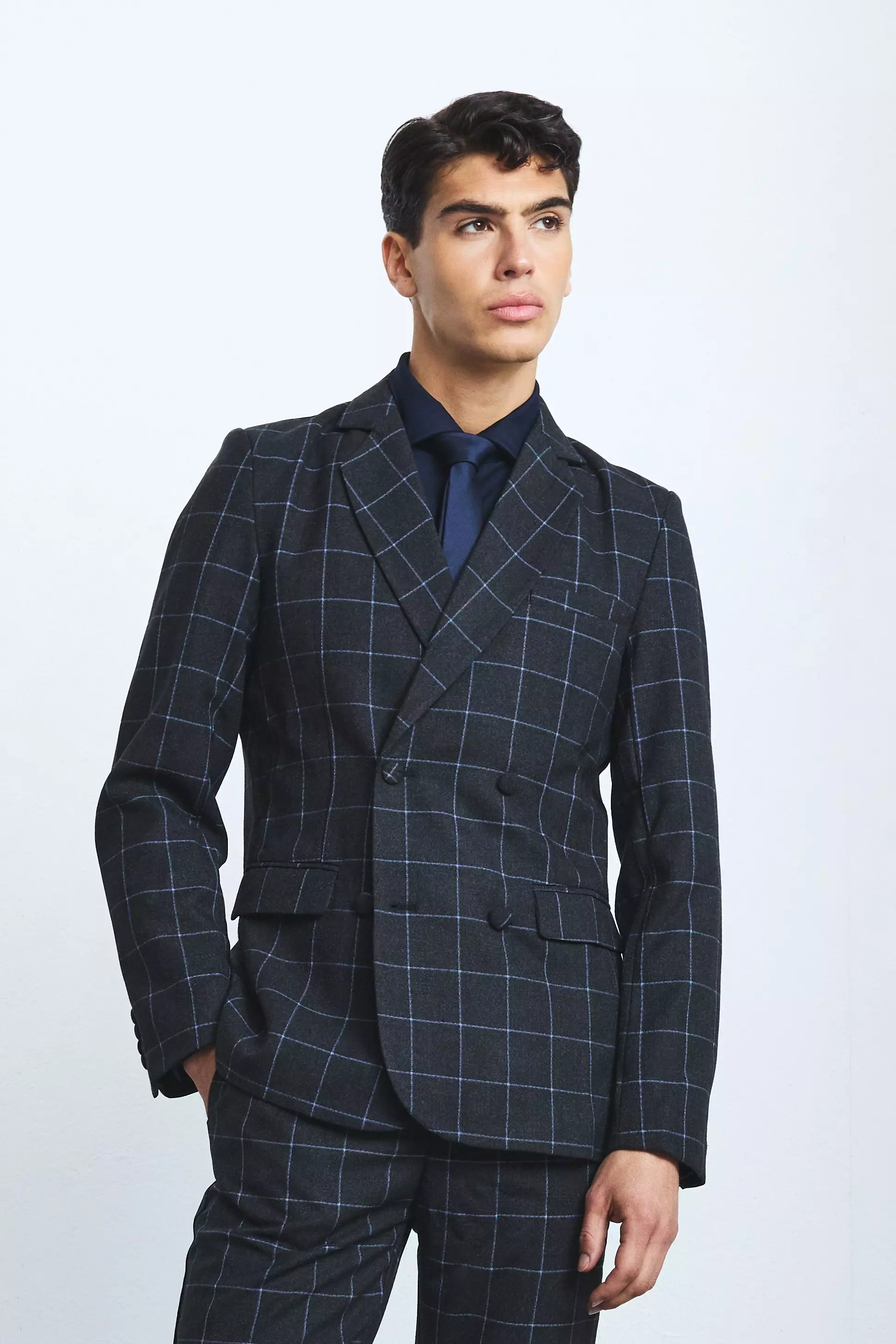 Black Window Check Double Breasted Slim Fit Blazer صورة بديلة