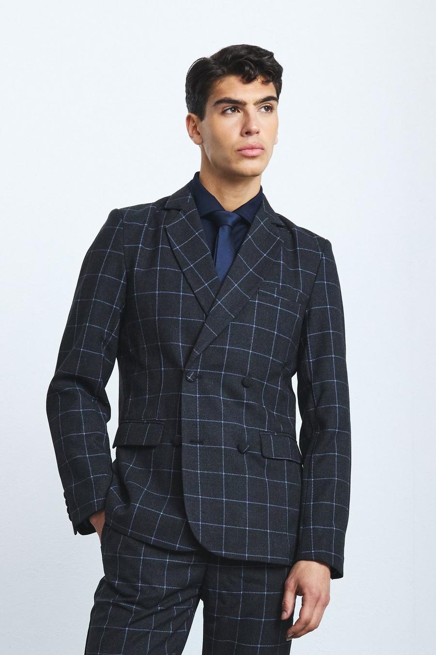 Black Window Check Double Breasted Slim Fit Blazer image number 1