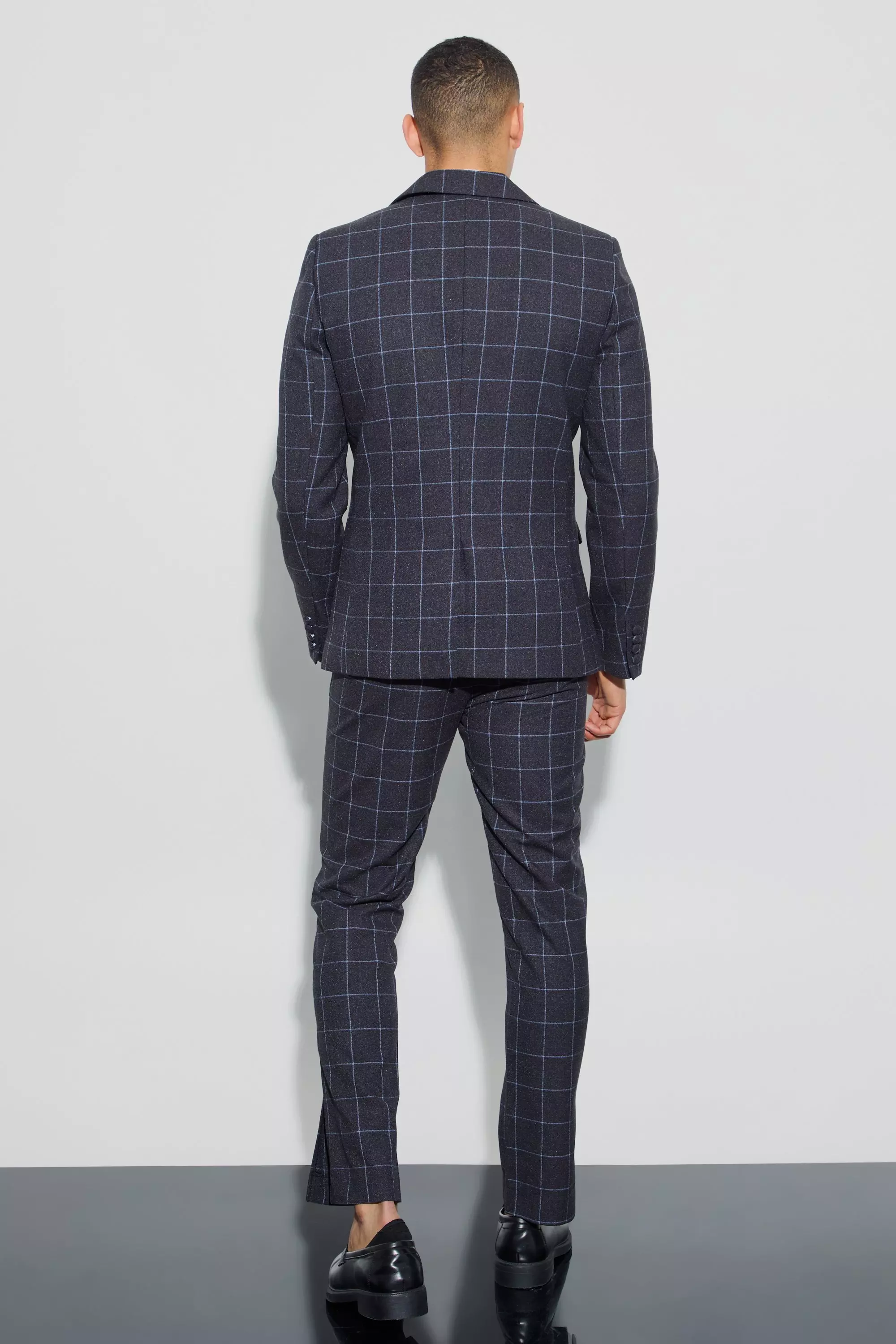 Black Window Check Double Breasted Slim Fit Blazer صورة بديلة