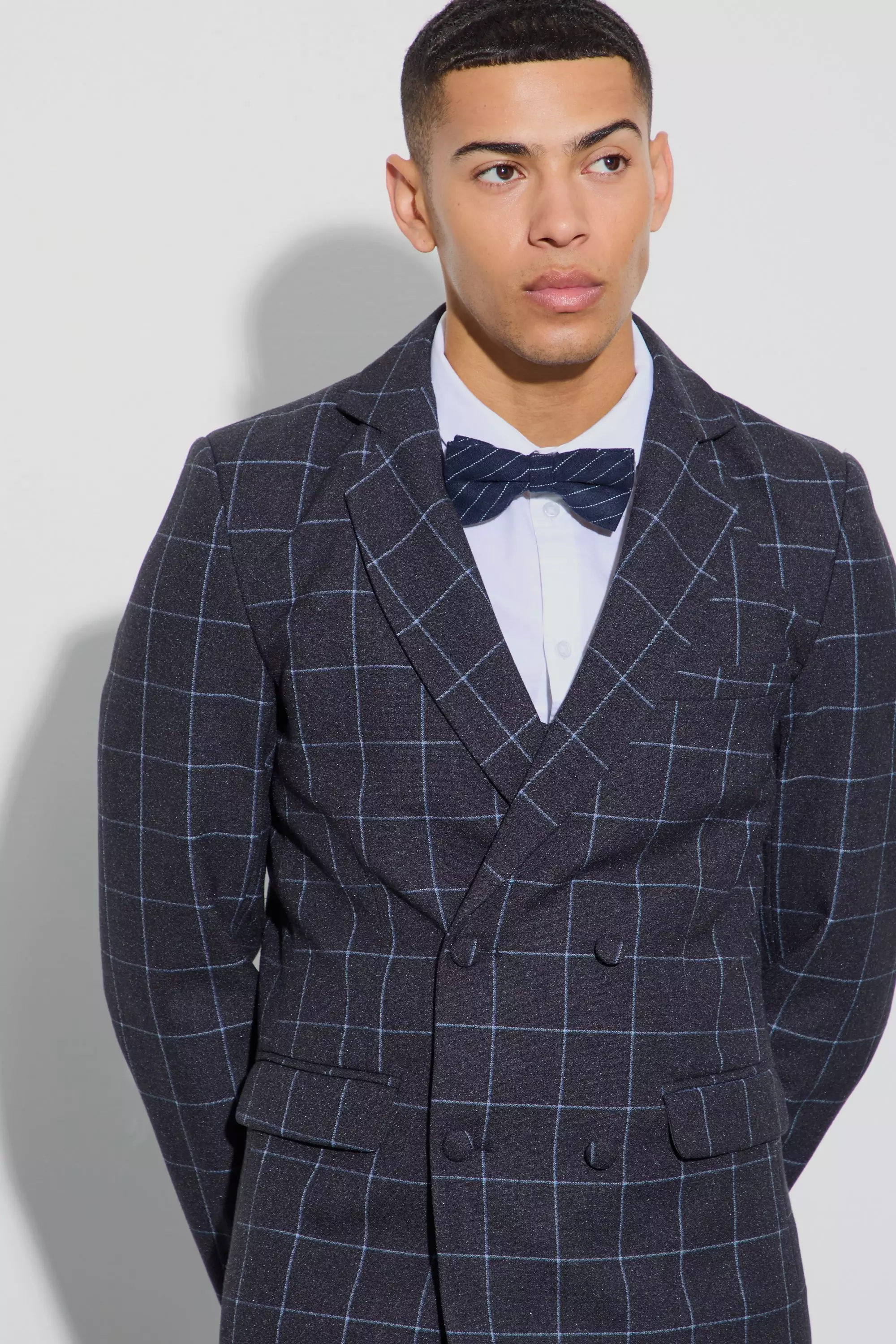 Black Window Check Double Breasted Slim Fit Blazer صورة بديلة