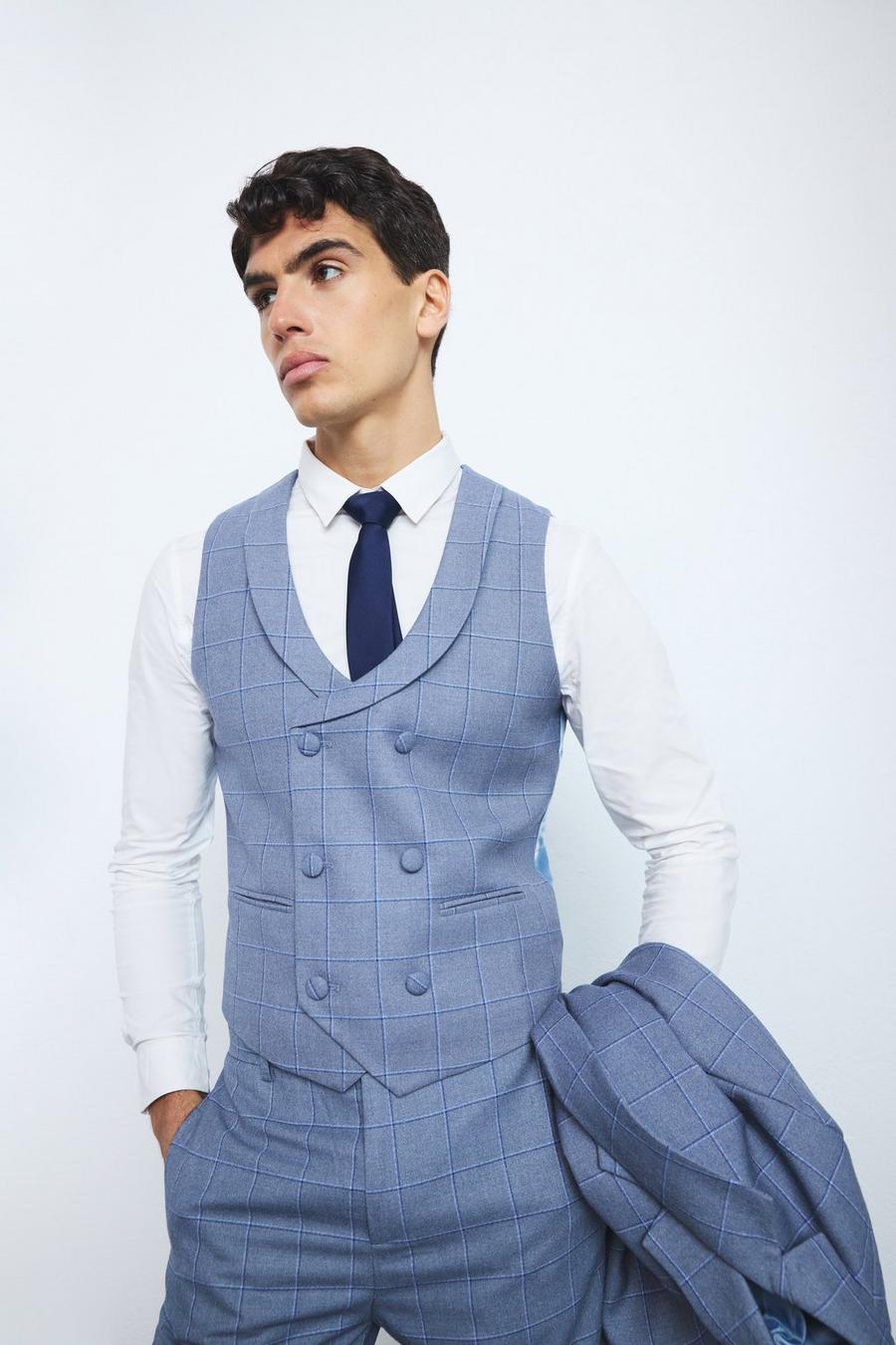 Blue Window Check Double Breasted Waistcoat image number 1