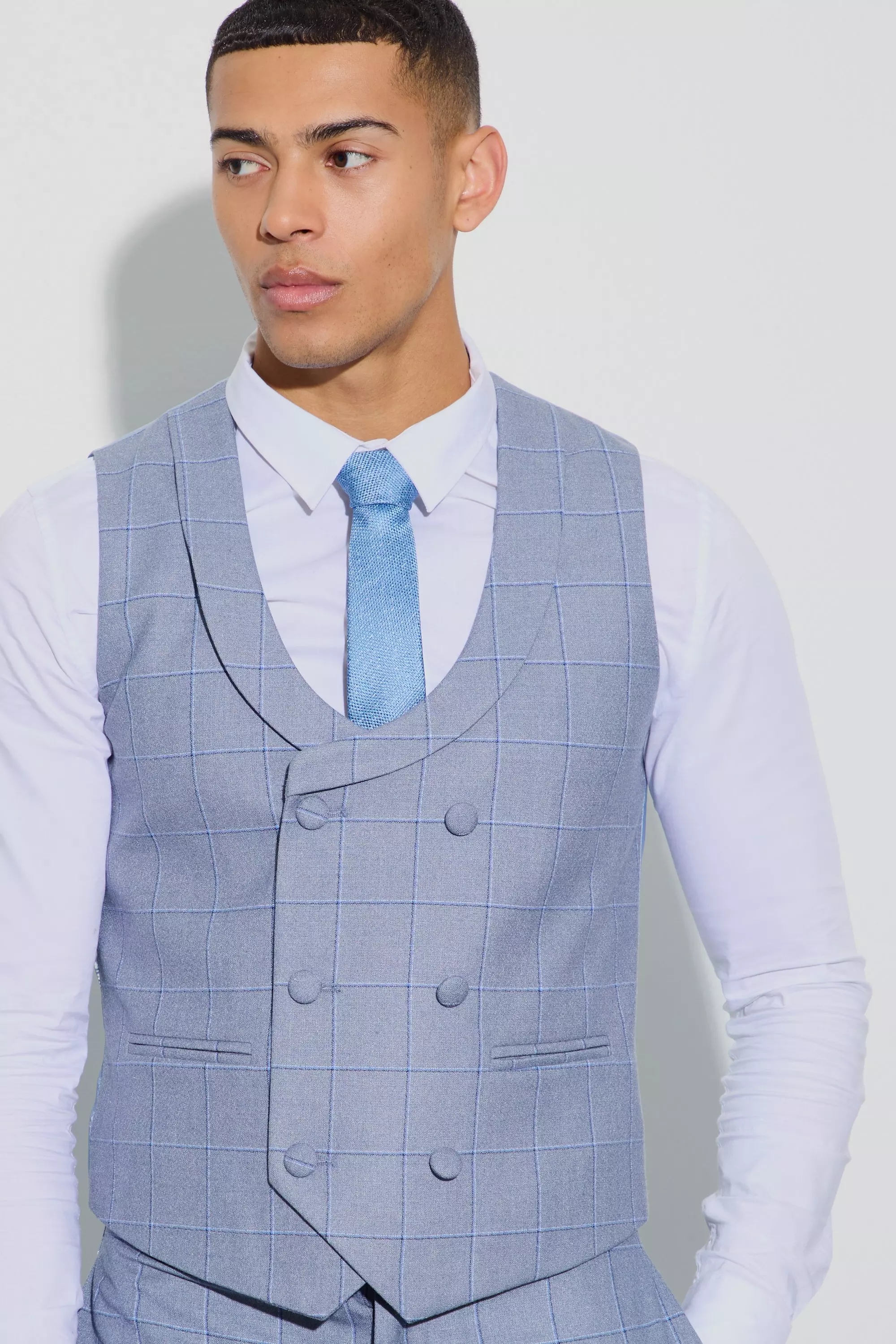 Blue Window Check Double Breasted Waistcoat alternative image