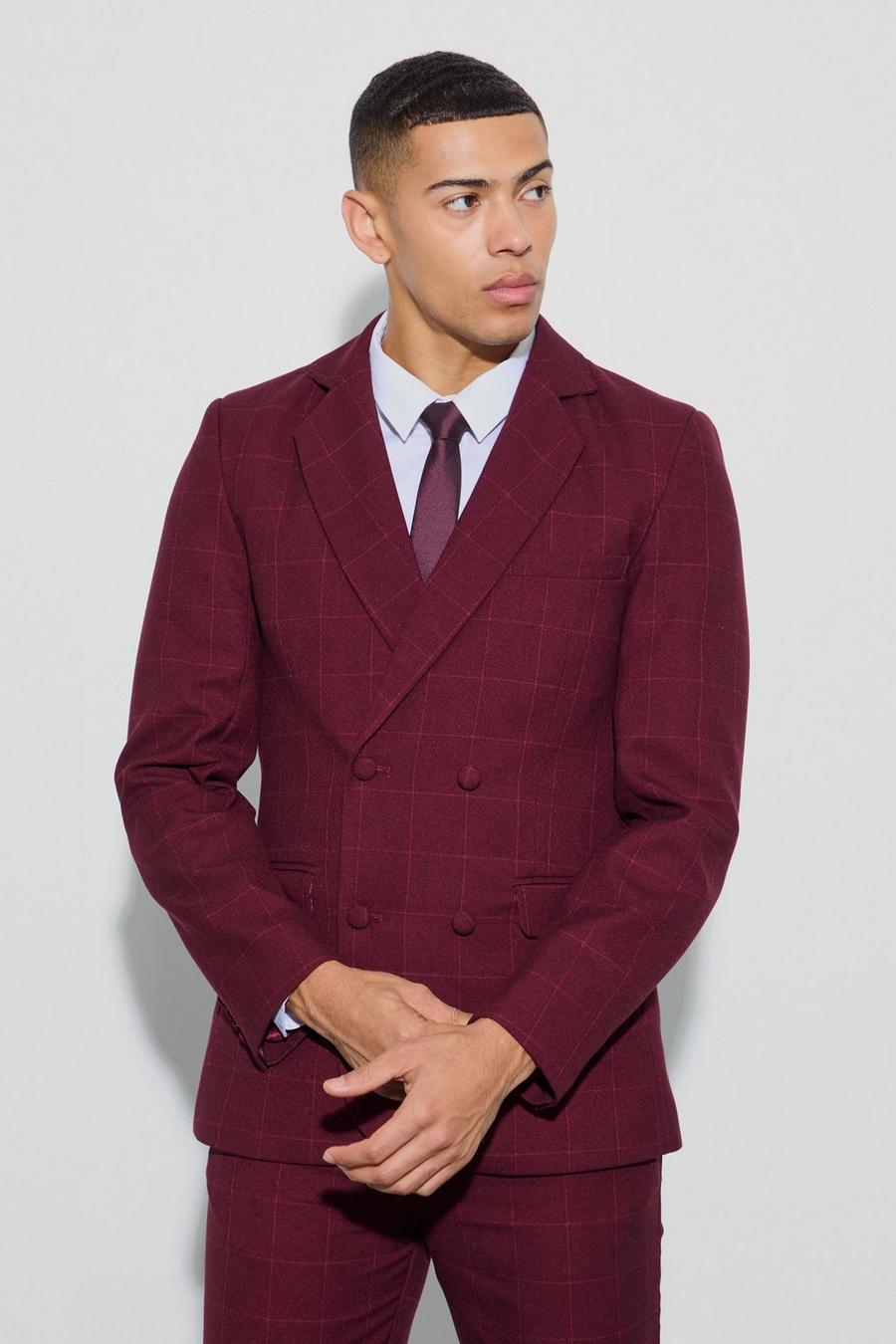 Chocolate Window Check Double Breasted Slim Fit Blazer