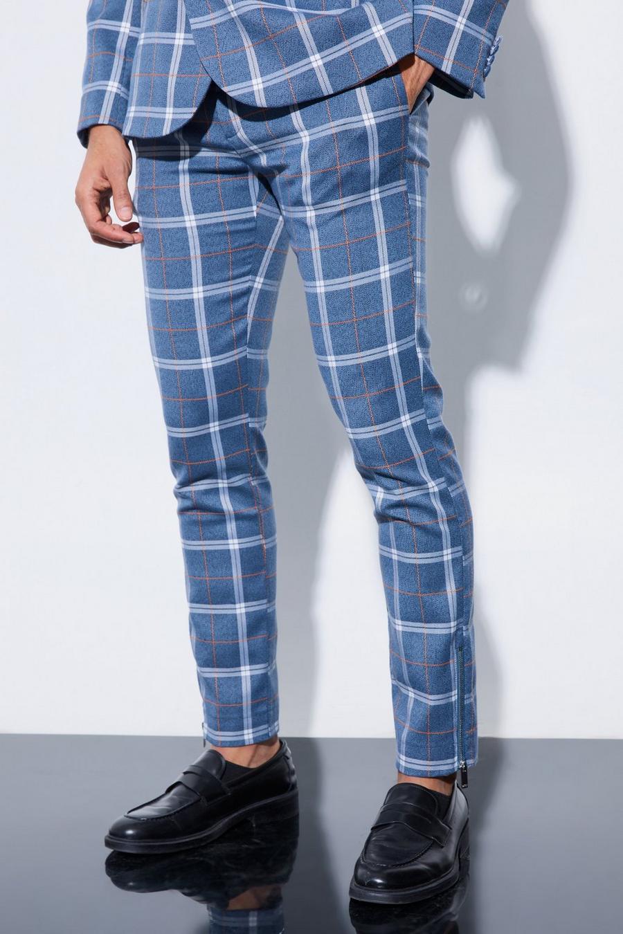 Pantalon skinny à carreaux et chevrons, Blue image number 1