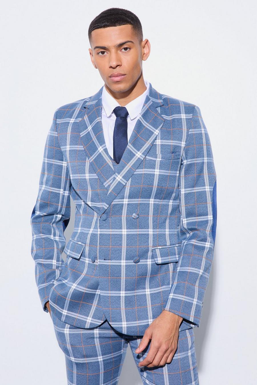 Blue Herringbone Check Contrast Sleeve Panel Fitted Blazer image number 1