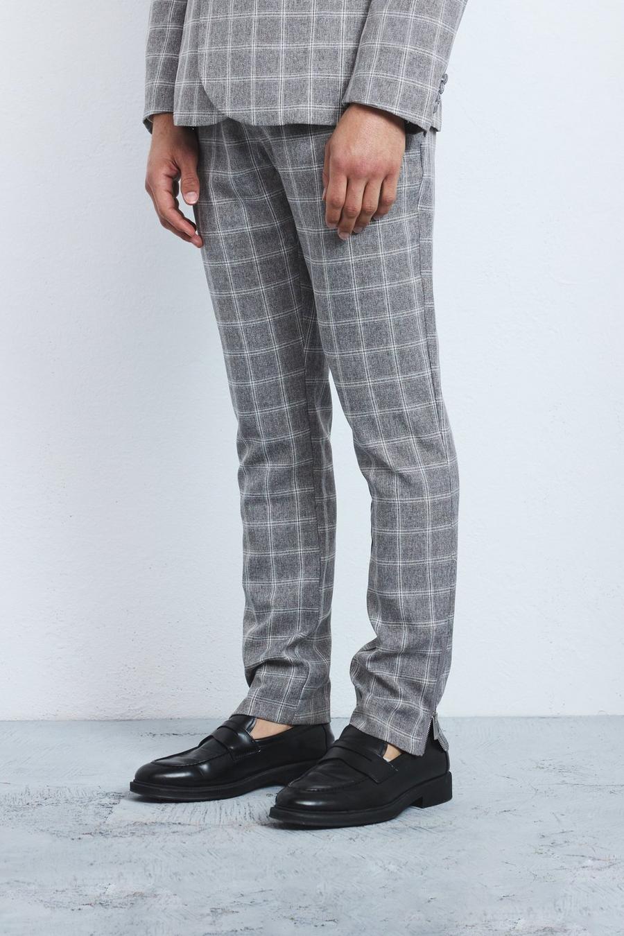 Pantalon skinny à carreaux et chevrons, Taupe