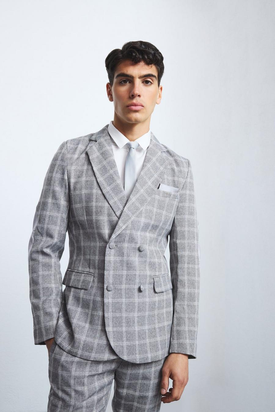 Taupe Herringbone Check Contrast Sleeve Panel Fitted Blazer image number 1