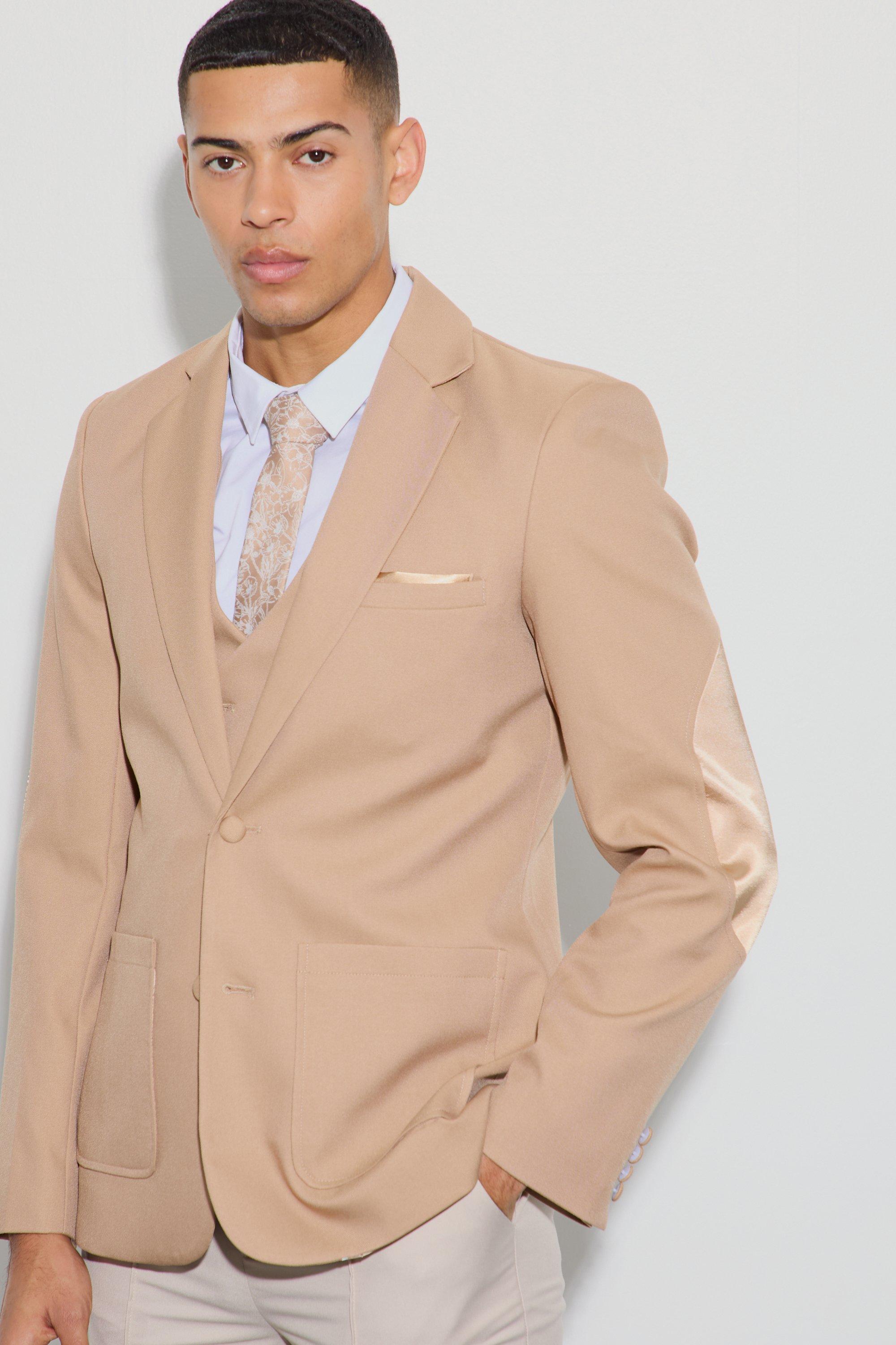 Tan Textured Elbow Patch Slim Fit Blazer