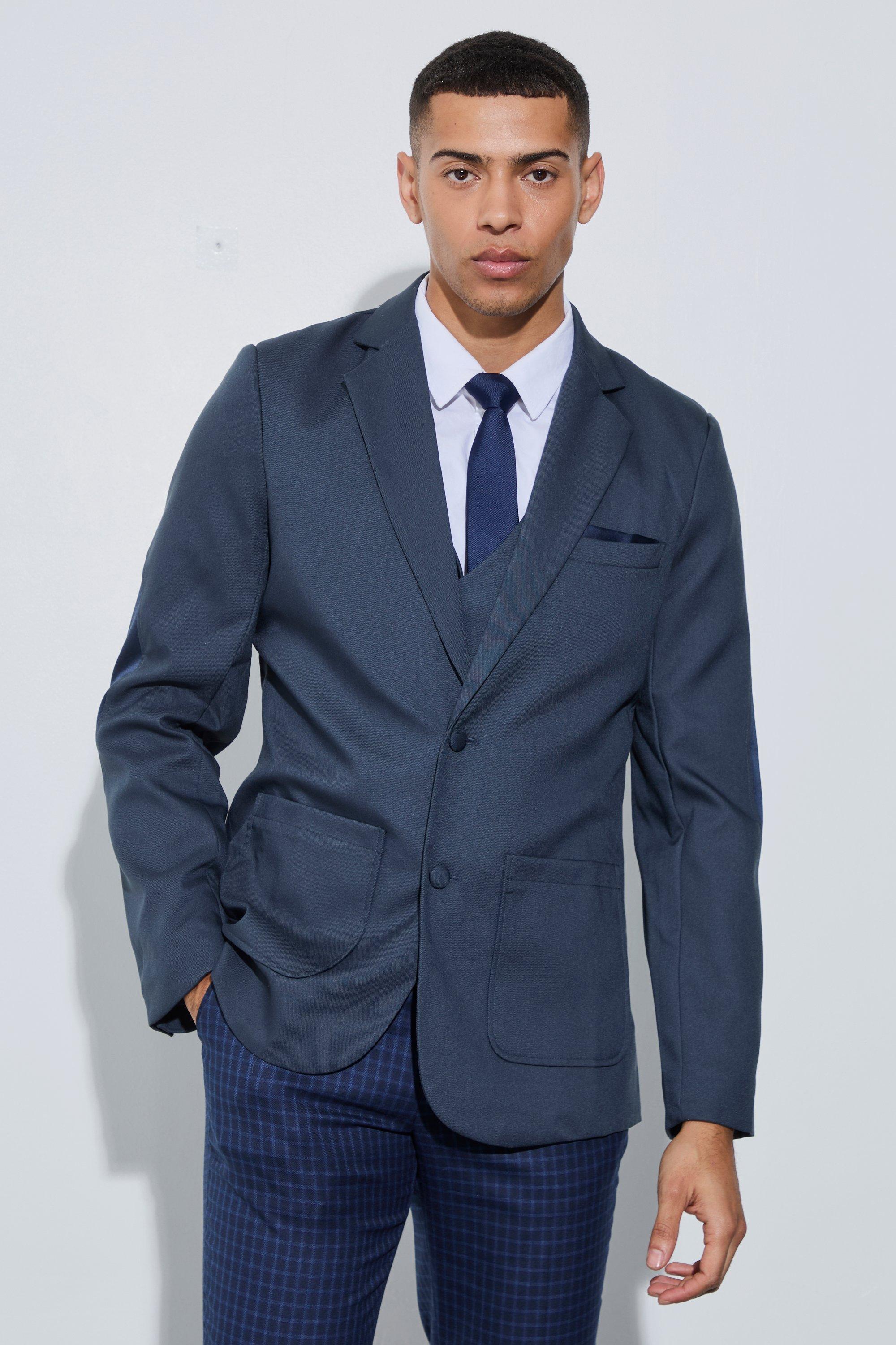 Navy Textured Elbow Patch Slim Fit Blazer