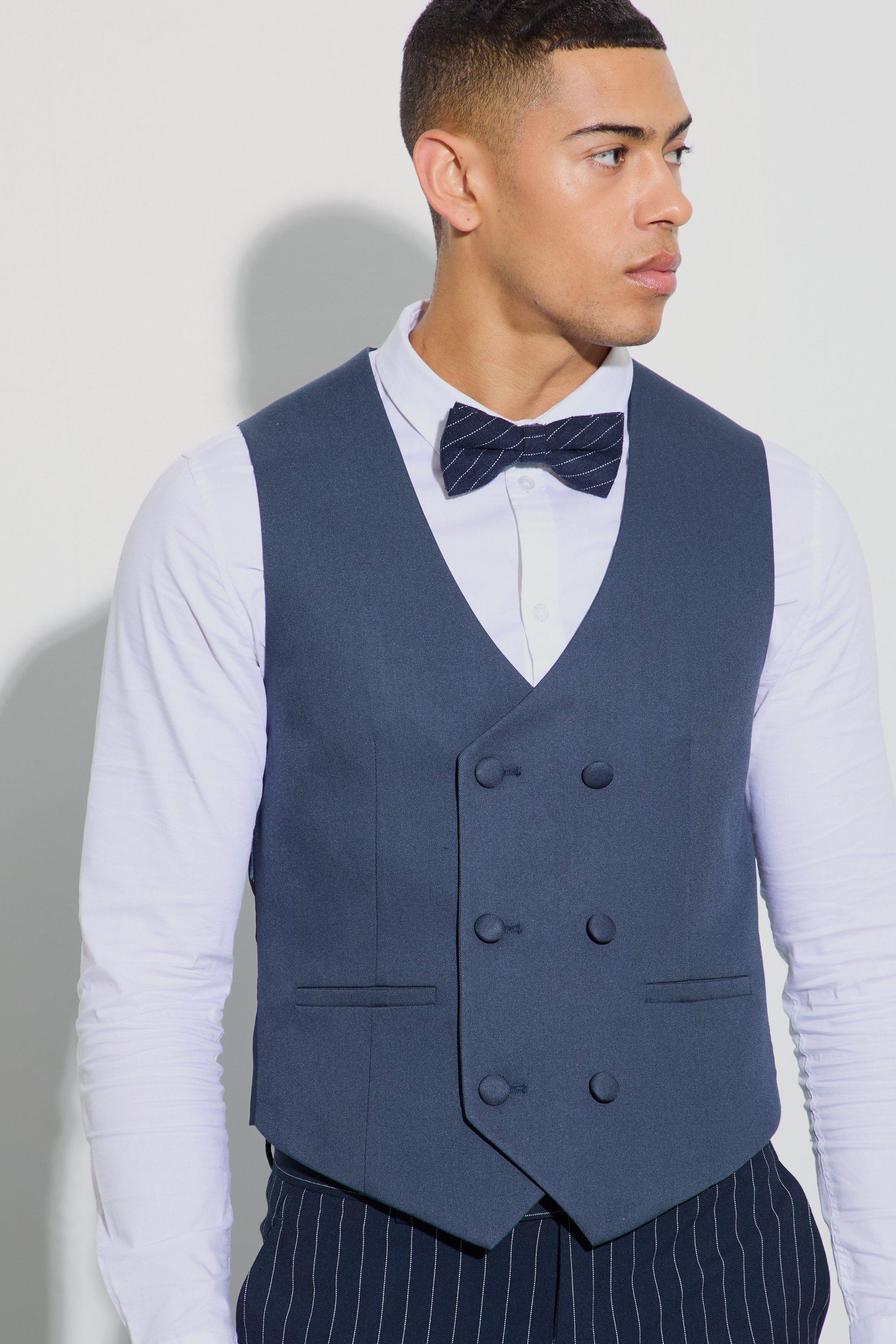 Navy Textured Double Breasted Waistcoat