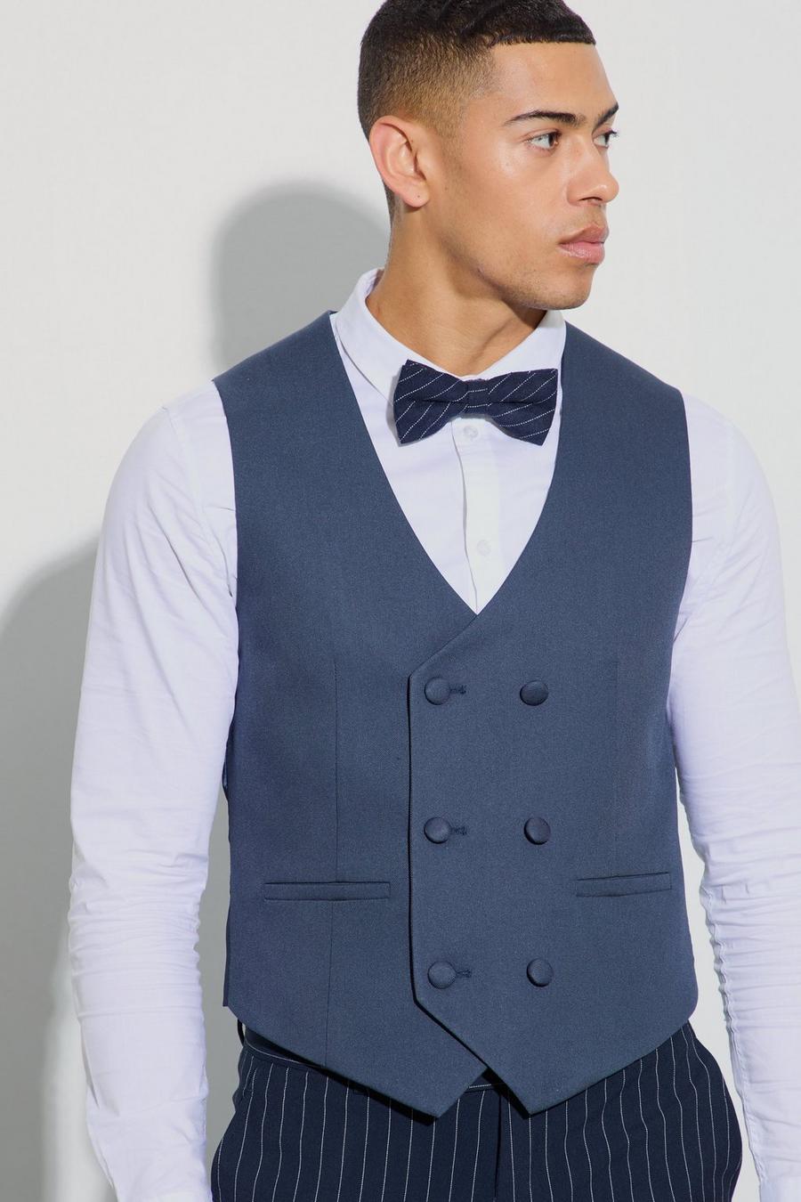Navy Textured Double Breasted Waistcoat image number 1