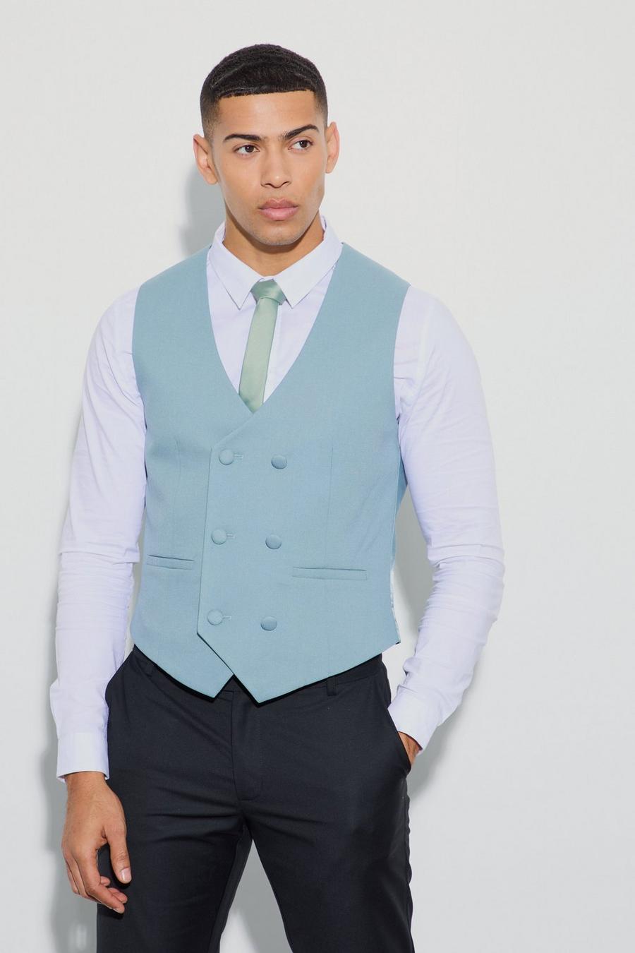 Teal Textured Double Breasted Waistcoat image number 1