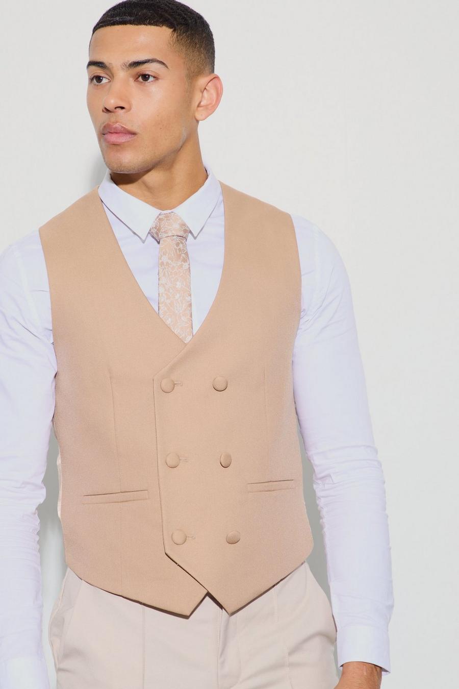 Tan Textured Double Breasted Waistcoat image number 1