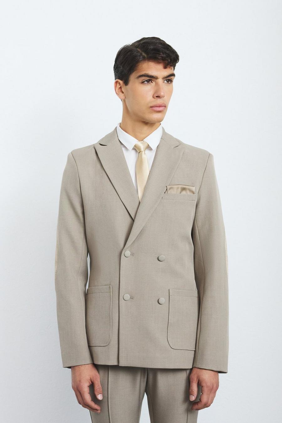 Taupe Textured Double Breasted Elbow Patch Blazer image number 1