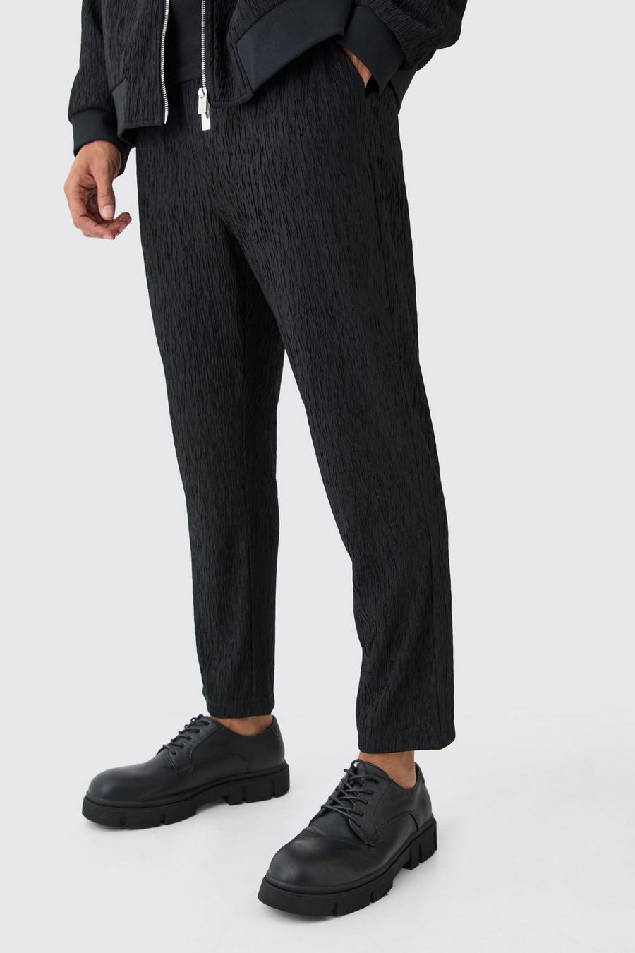 Black Textured Satin Elasticated Waist Tapered Trousers image number 1