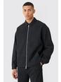Black Textured Satin Zip Up Harrington Jacket