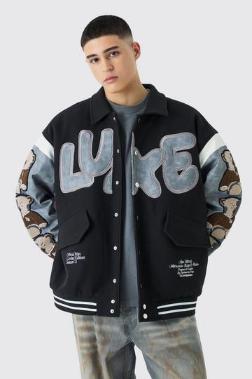 Black Oversized Washed Sleeve Teddy Varsity Jacket