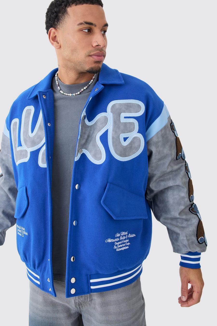 Blue Oversized Washed Sleeve Teddy Varsity Jacket