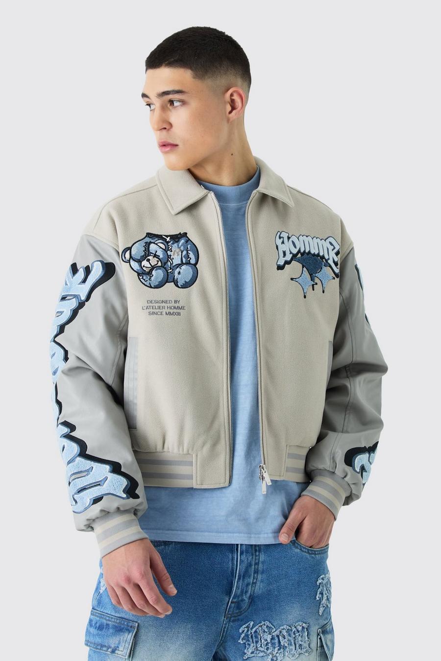 Light grey Boxy Teddy Applique Bomber image number 1