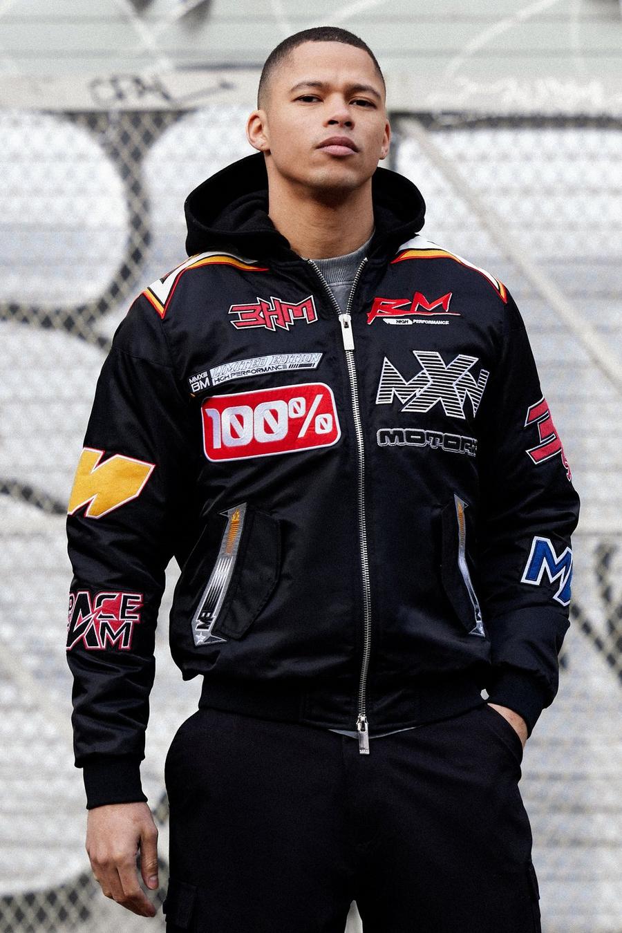 Nylon Moto-Jacke mit abnehmbarer Kapuze, Black