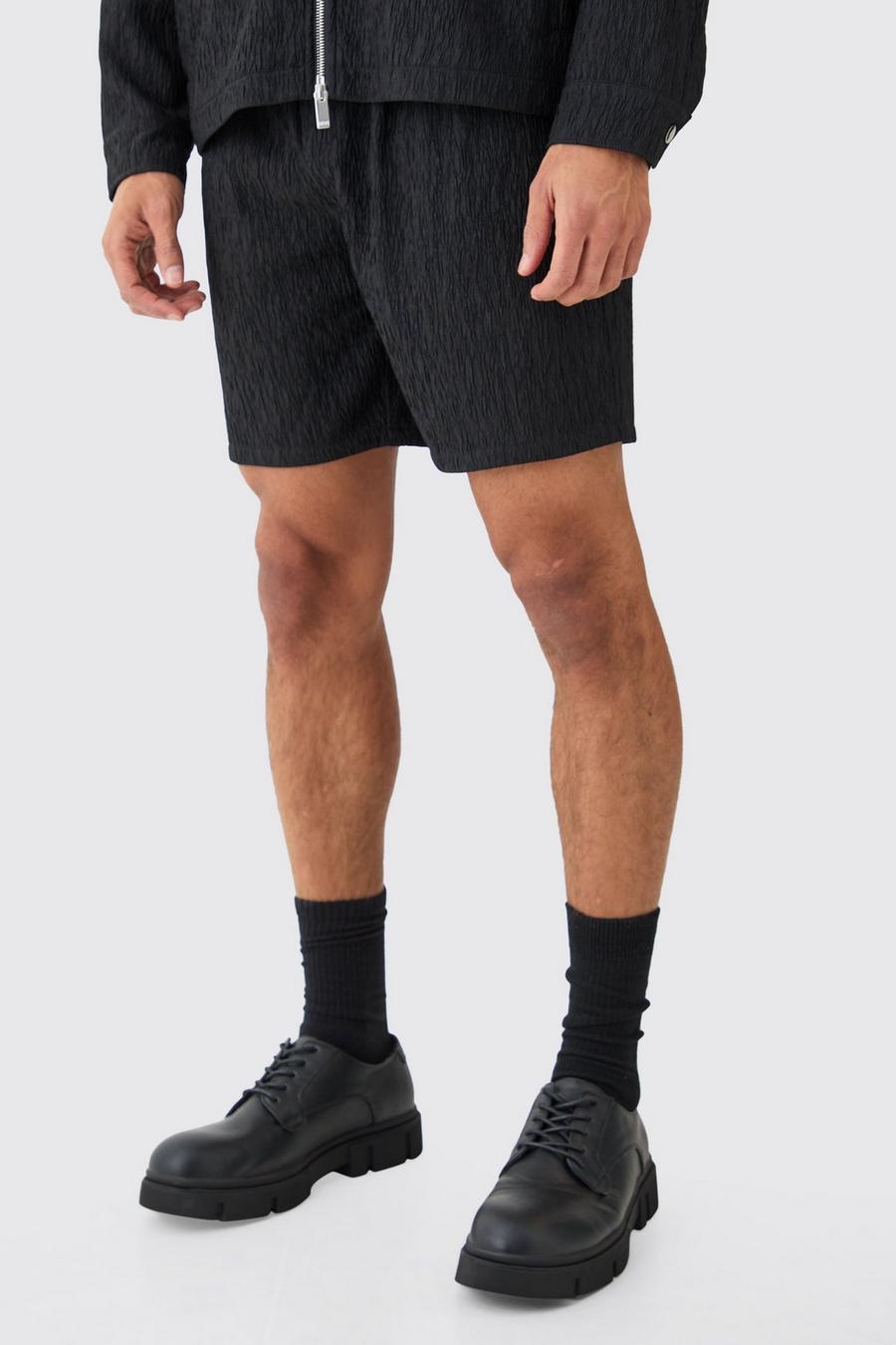 Black Textured Satin Elasticated Waist Shorts image number 1