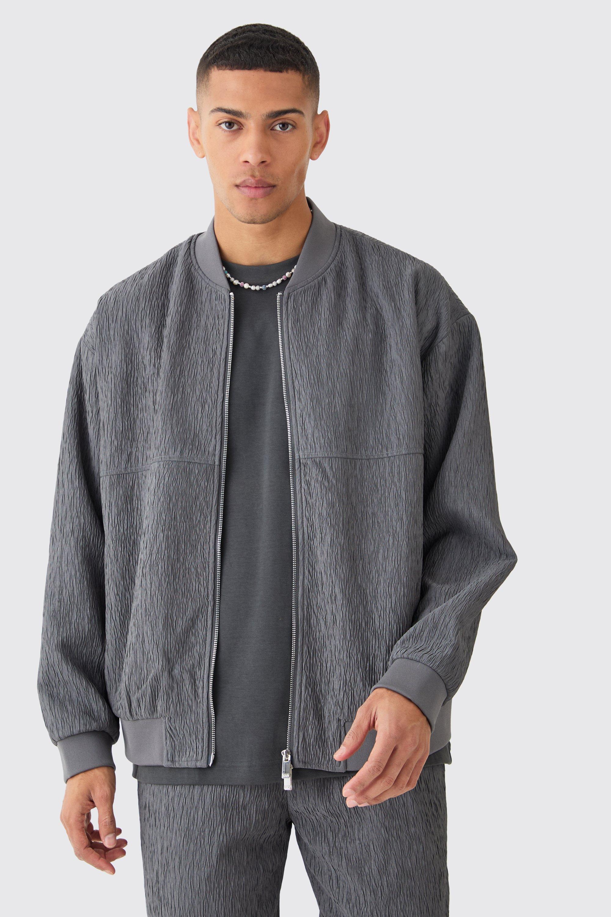 Grey blue Textured Satin Oversized Bomber Jacket