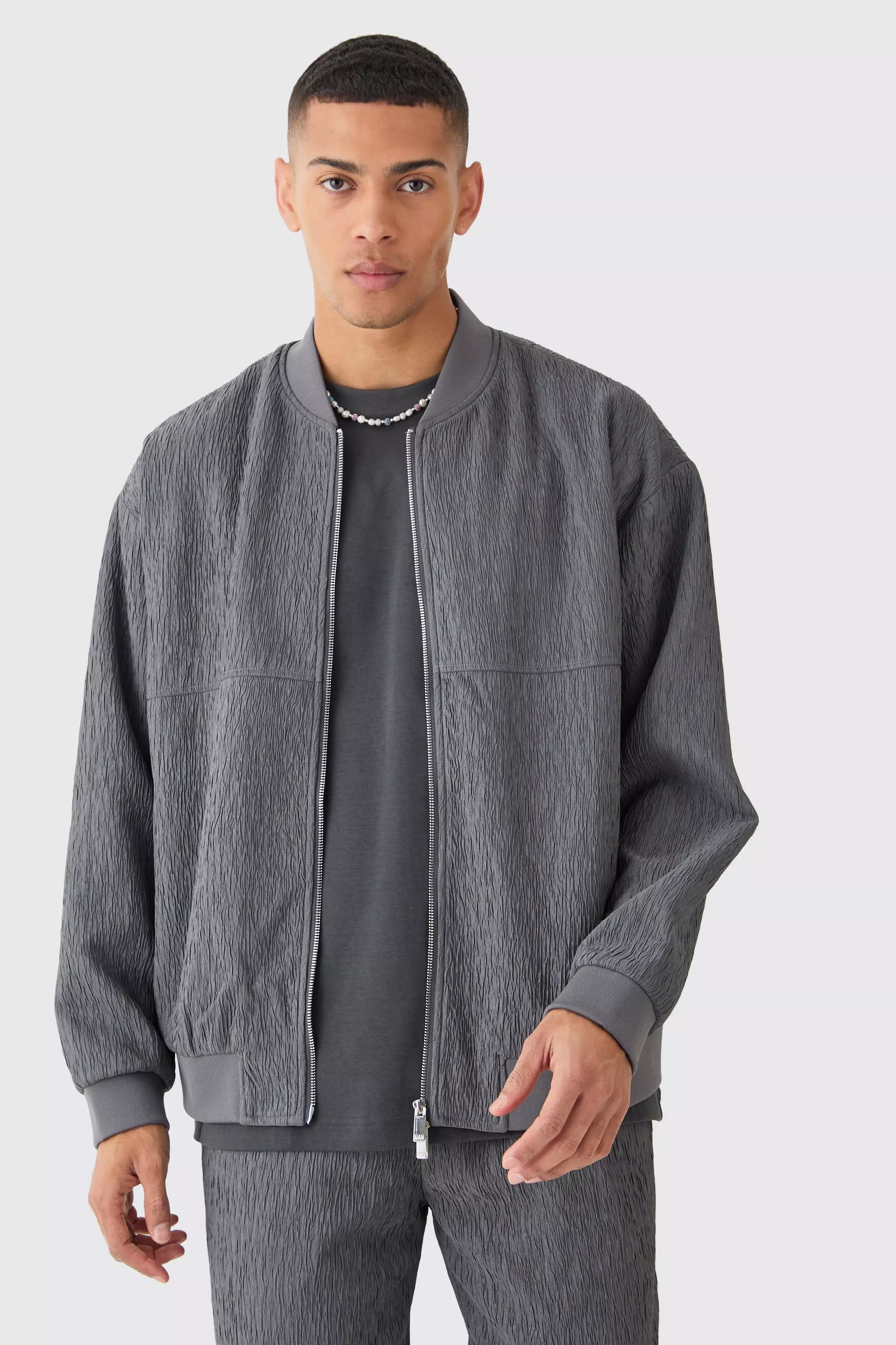 Grey blue Textured Satin Oversized Bomber Jacket alternative image