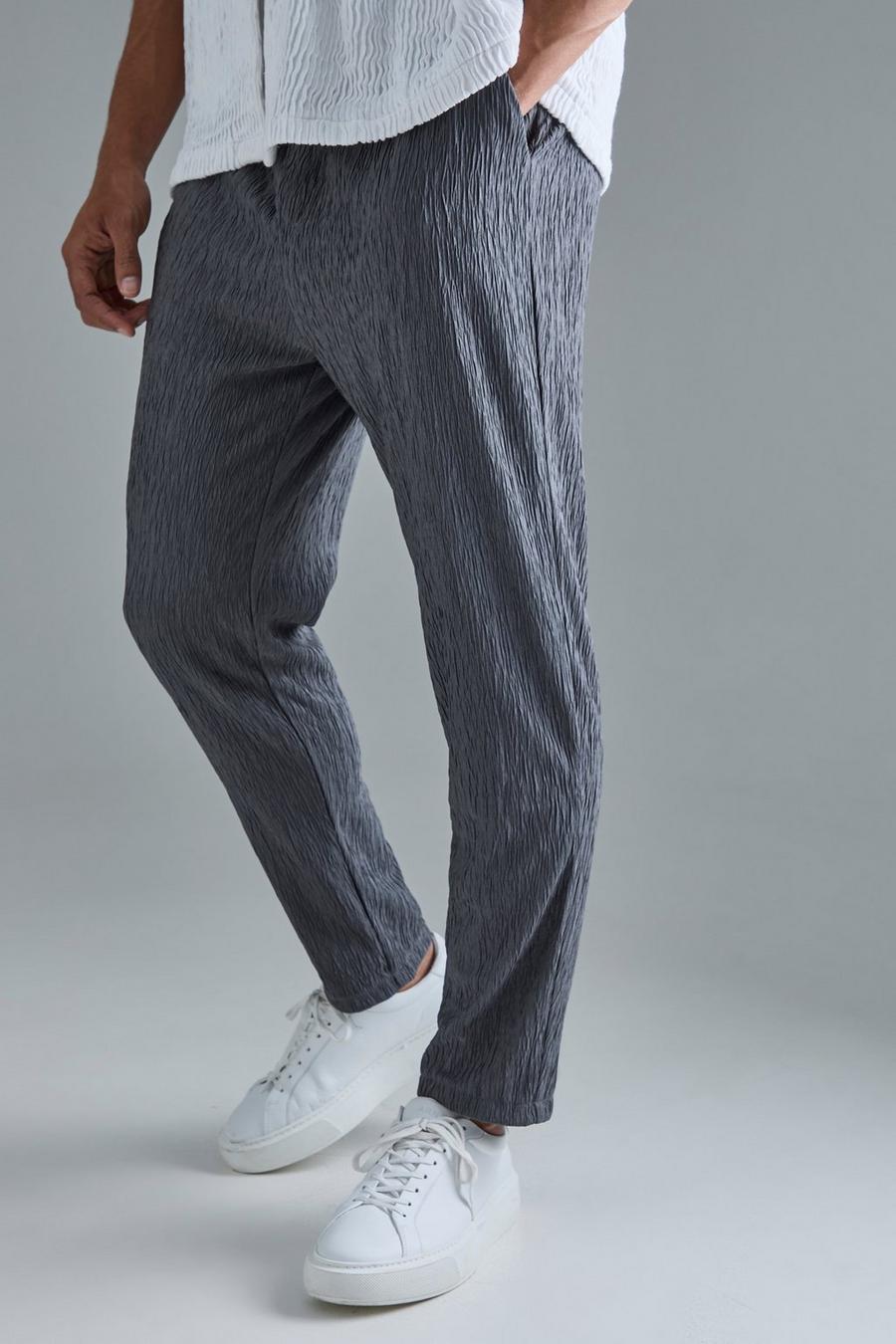 Grey blue Textured Satin Elasticated Waist Tapered Trousers image number 1