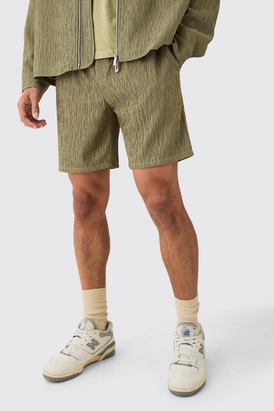 Khaki Textured Satin Elasticated Waist Shorts image number 1