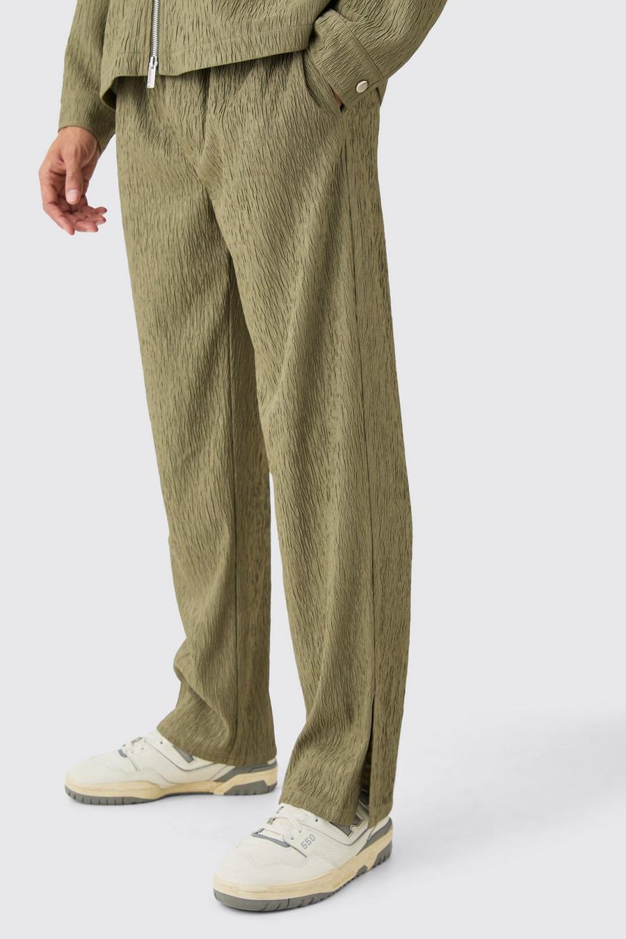 Khaki Textured Satin Elasticated Waist Split Hem button Trousers image number 1