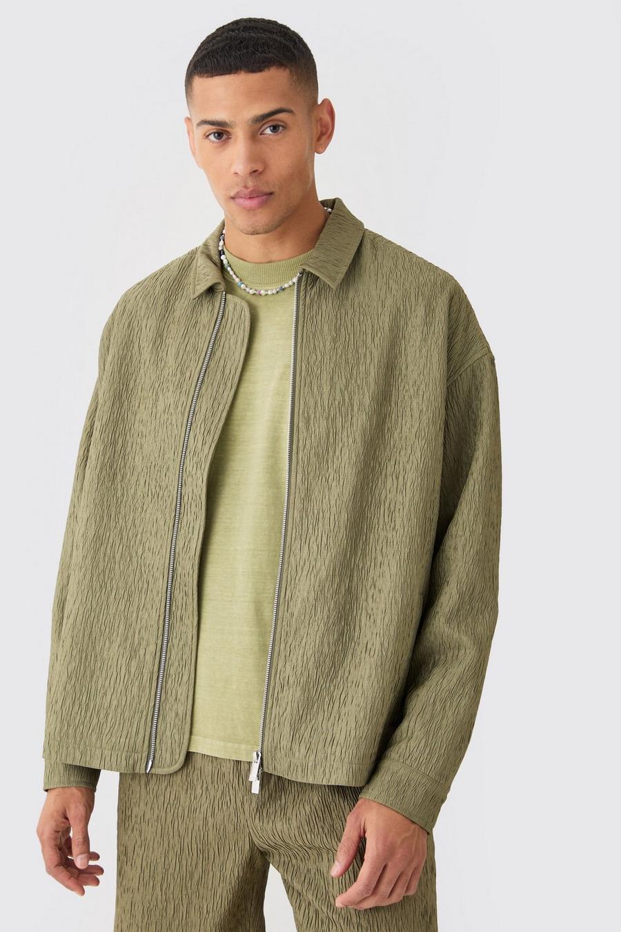 Khaki Textured Satin Oversized Fit Zip Up Harrington Jacket image number 1