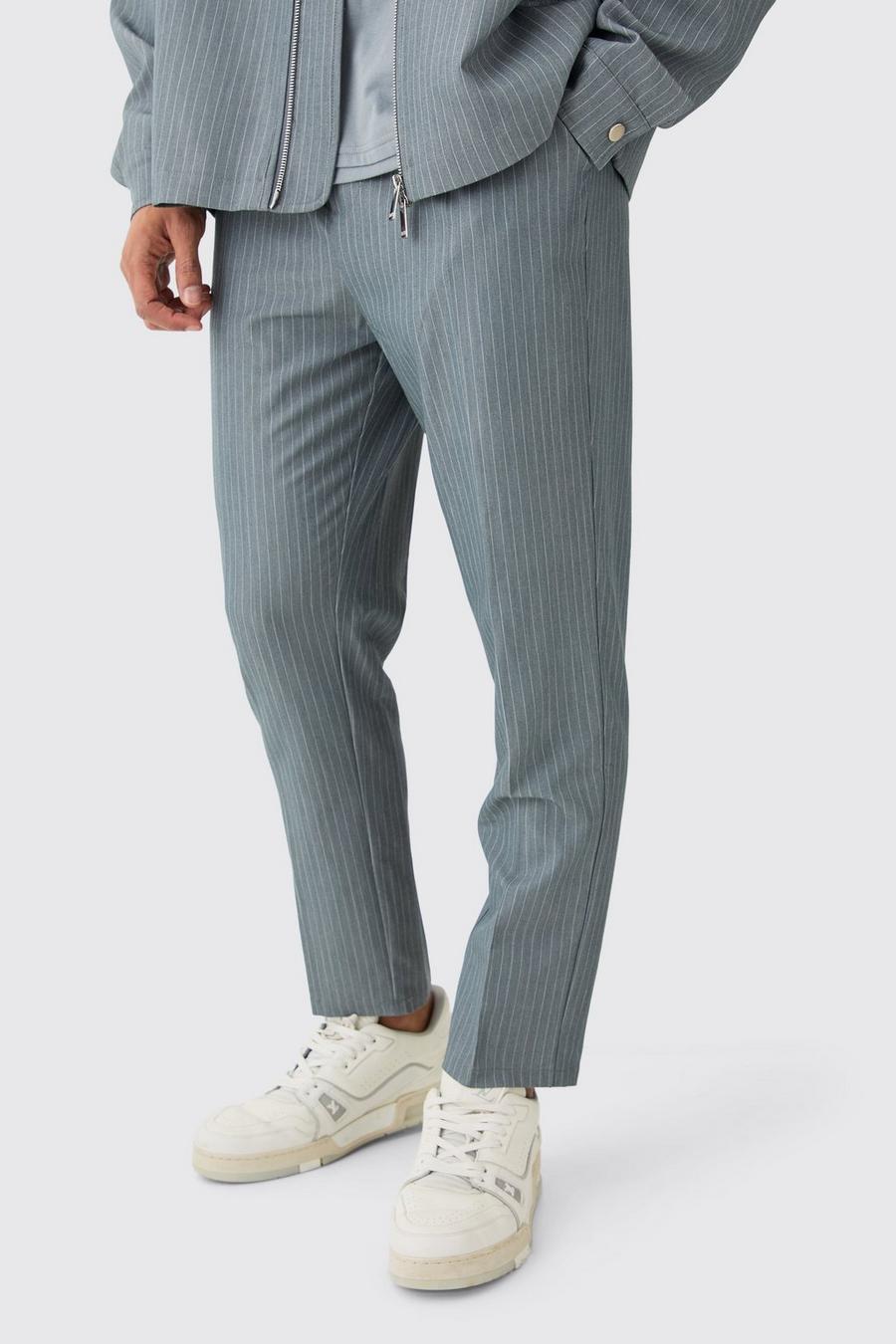 Grey Pinstripe Elasticated Waist Tapered Trousers image number 1
