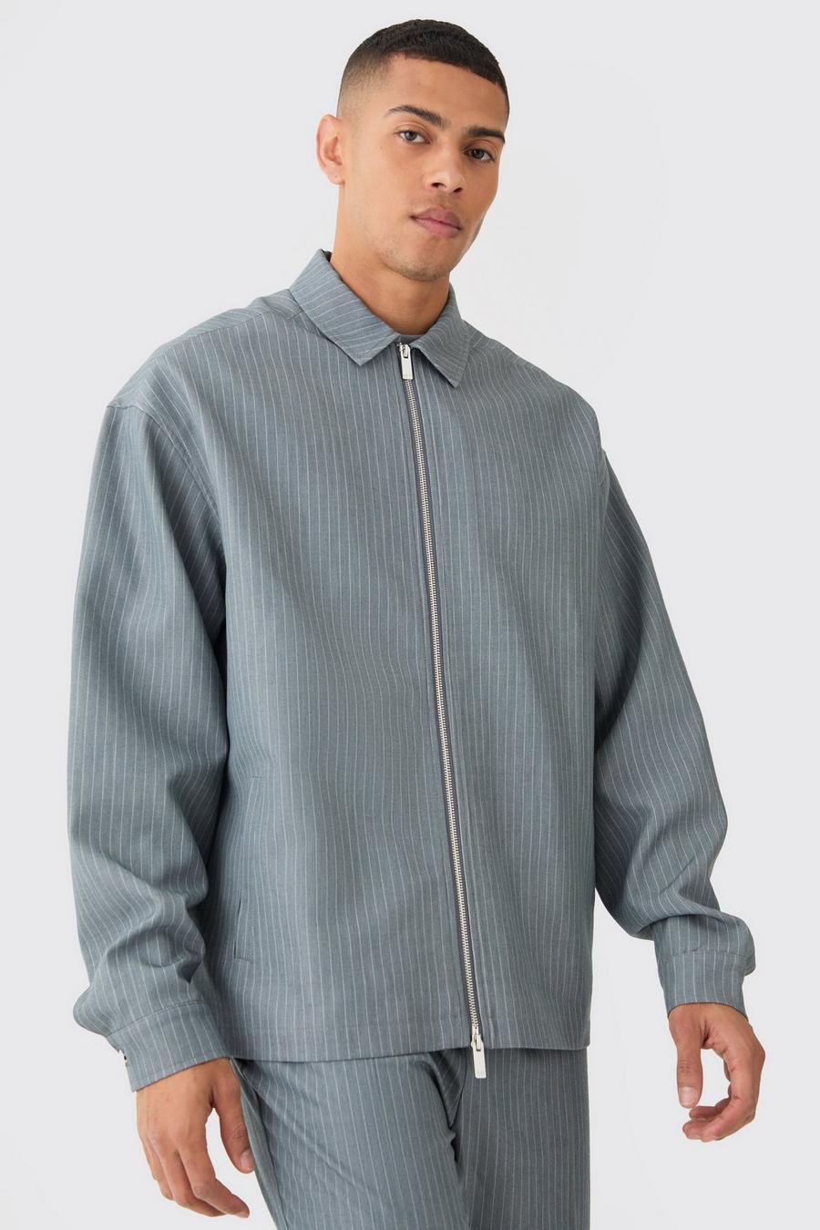 Grey Pinstripe Relaxed Fit Longline Smart Harrington Jacket