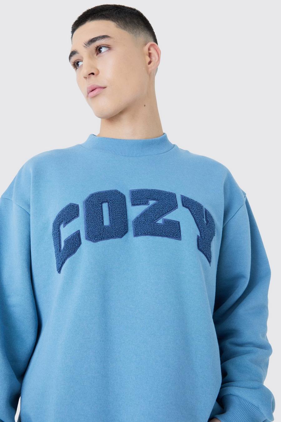 Dusty blue Oversize sweatshirt med applikation i varsitystil med hög halsmudd image number 1