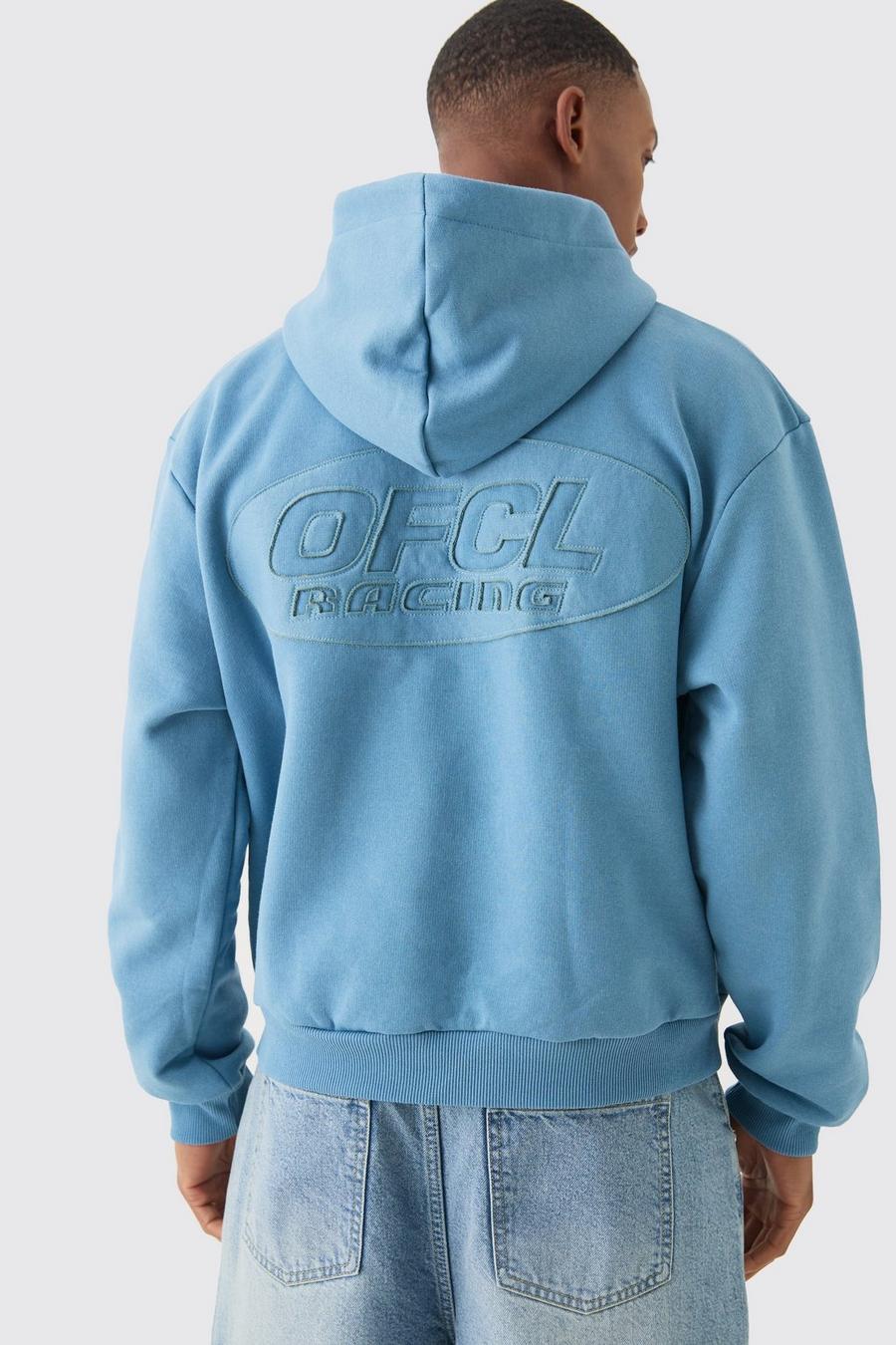 Dusty blue Oversize hoodie med applikation och rå kant image number 1