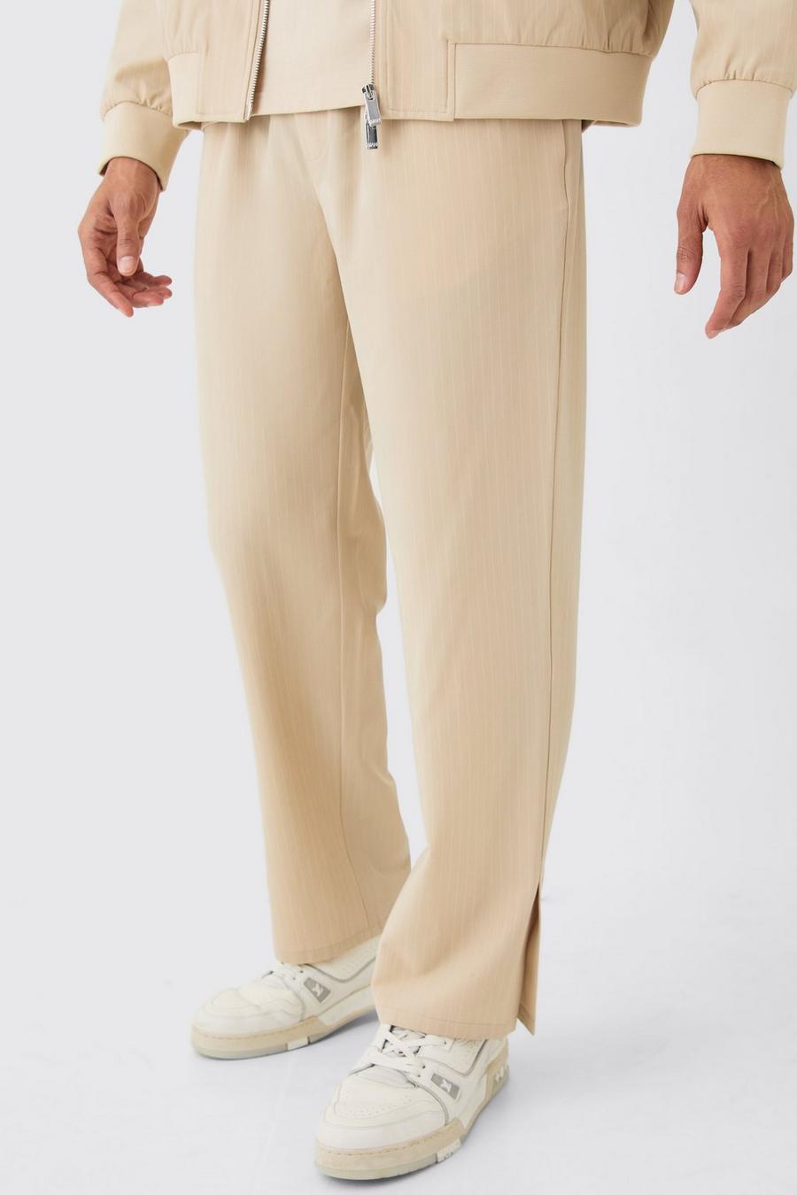 Pantaloni a righe verticali elasticizzati in vita con spacco sul fondo, Beige image number 1