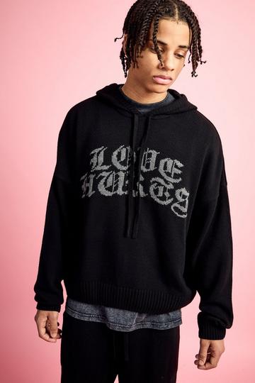 Boxy Knitted Hoodie With Gothic Font Graphic black