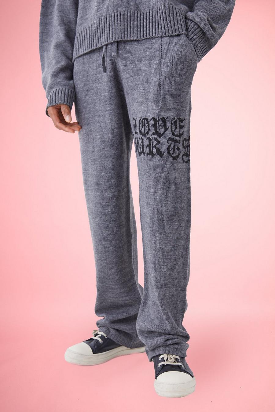 Charcoal Relaxed Knitted Joggers With Gothic Font image number 1