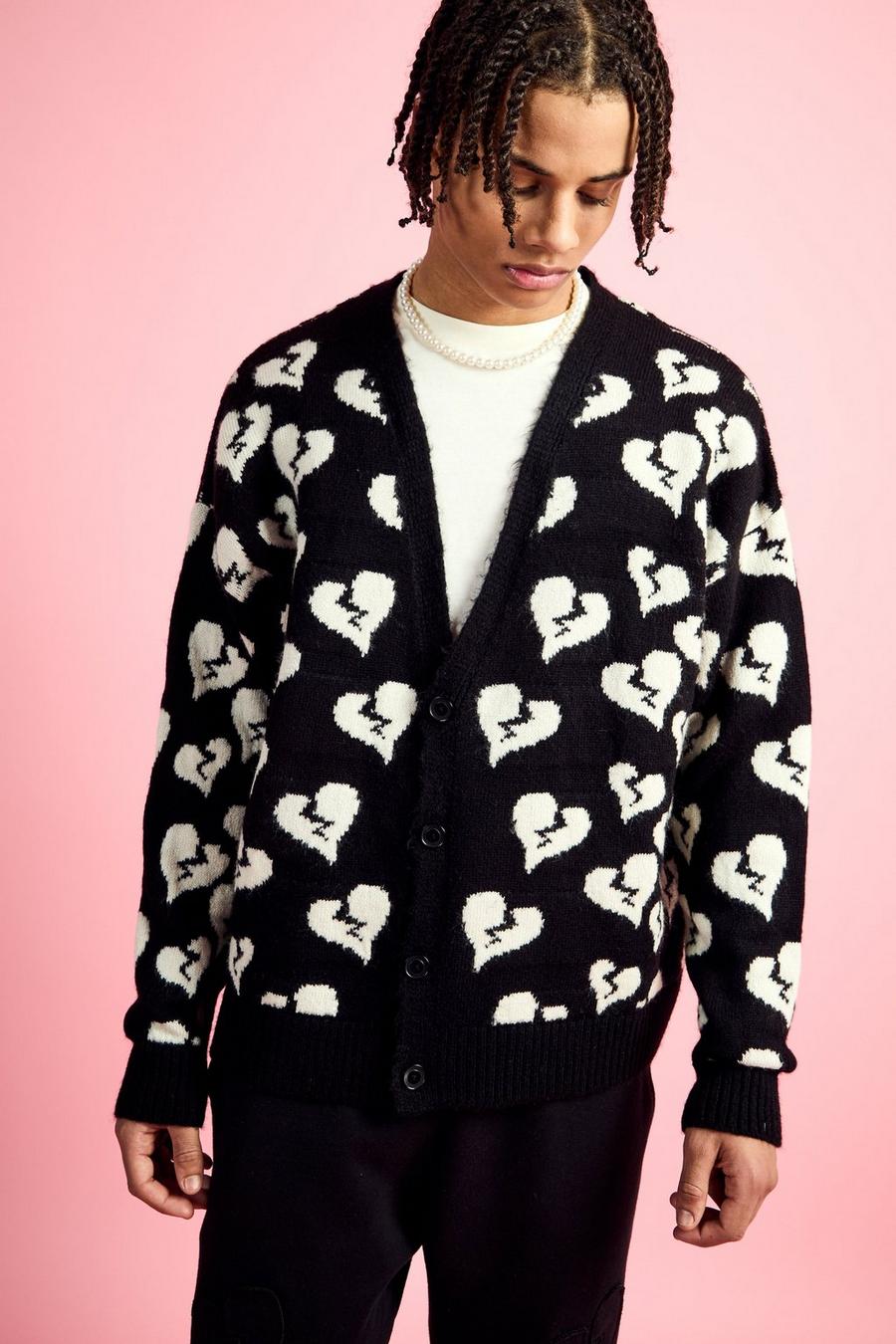 Black Oversized Fit Cardigan With All Over Print image number 1